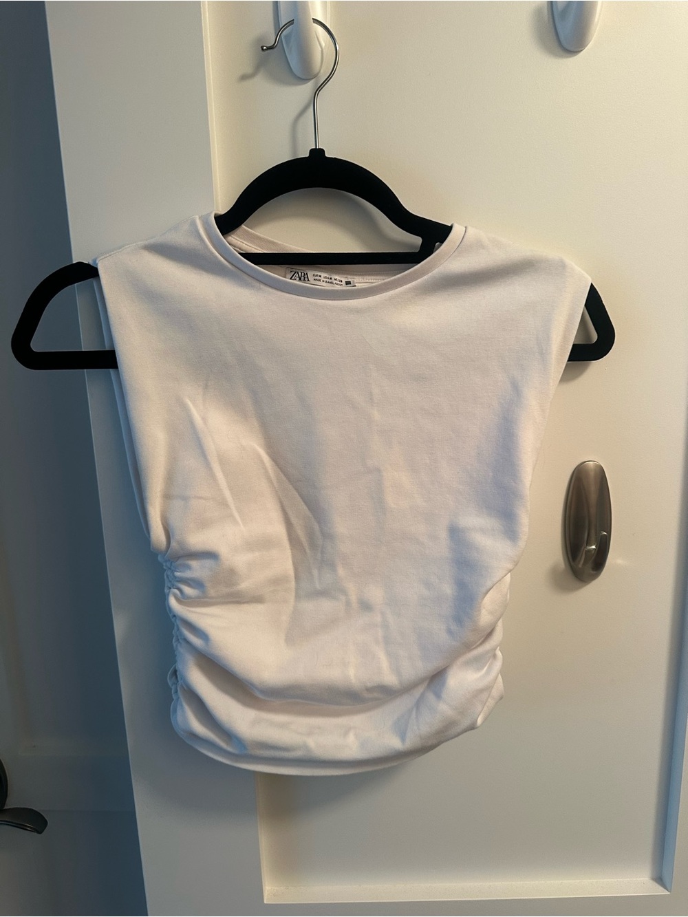 Zara White Sleeveless Ruched Tank Top